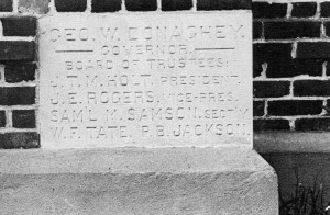 Photo: The Corner Stone of Old Main, dedicated in 1910. Courtesy of Southern Arkansas University Archives, Magnolia, Arkansas.