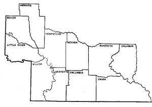 sw_armap2 The southwest Arkansas territory of the AAS-SAU Research Station: Calhoun, Columbia, Hemsptead, Howard, Lafayette, Little River, Miller, Nevada, Ouachita, Sevier, & Union Counties.