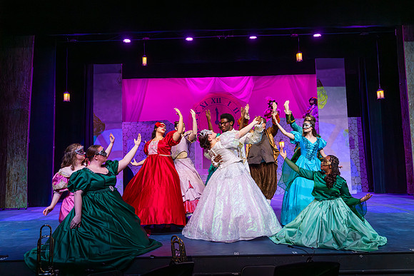 SAU Theatre students on stage in costume during a performance of Cinderella