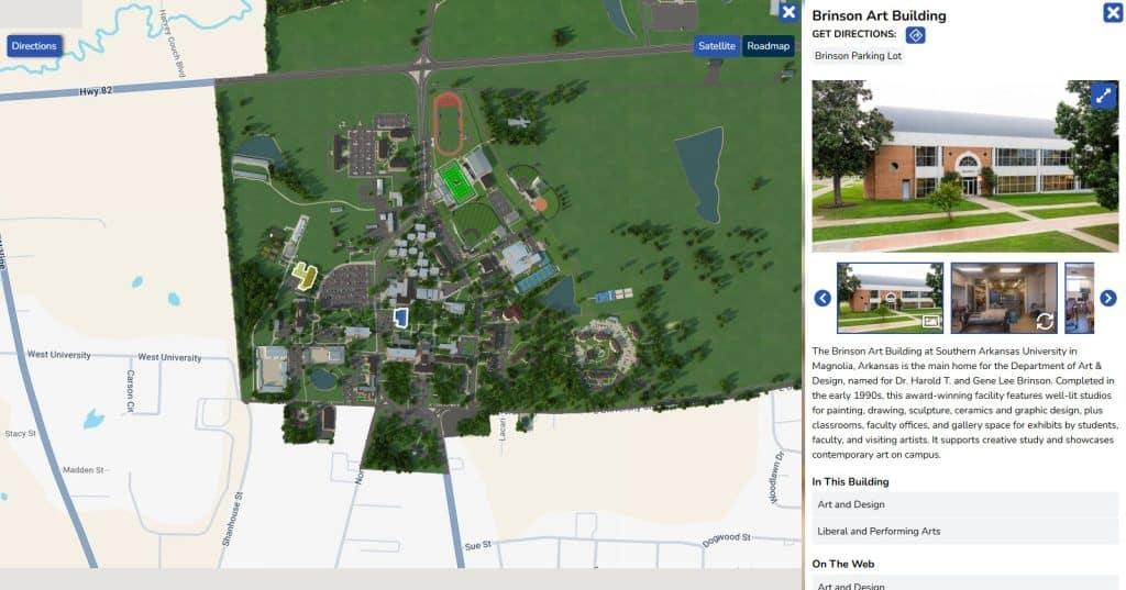 SAU interactive campus map with the Brinson Art Building details open
