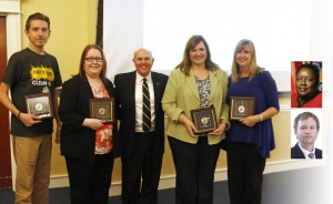 Six staff members were honored with the Spirit of SAU Award, presented by SAU President Dr. Trey Berry. Pictured, from left, are Aaron Street, Jennifer Rowsam, Berry, Sarah Jennings, Shelly Whaley, and not present were Eunice Walker and Del Duke.