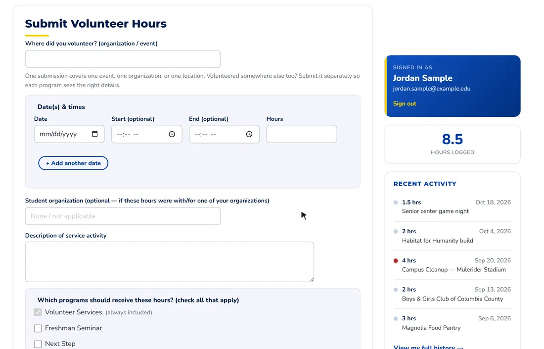 Typing Magnolia Food Pantry, picking a date, entering a 9:00 AM start and an 11:30 AM end so Hours fills in as 2.50, then adding a second date row.