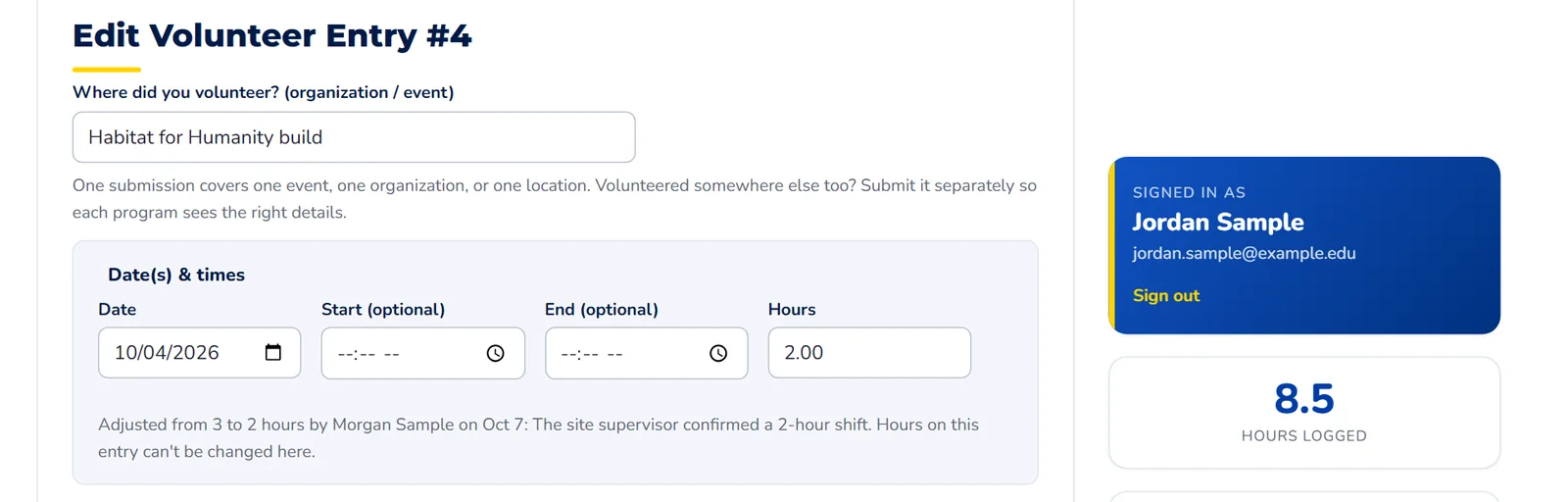 Editing an entry whose hours staff adjusted: the Hours box is locked and a line explains the adjustment.