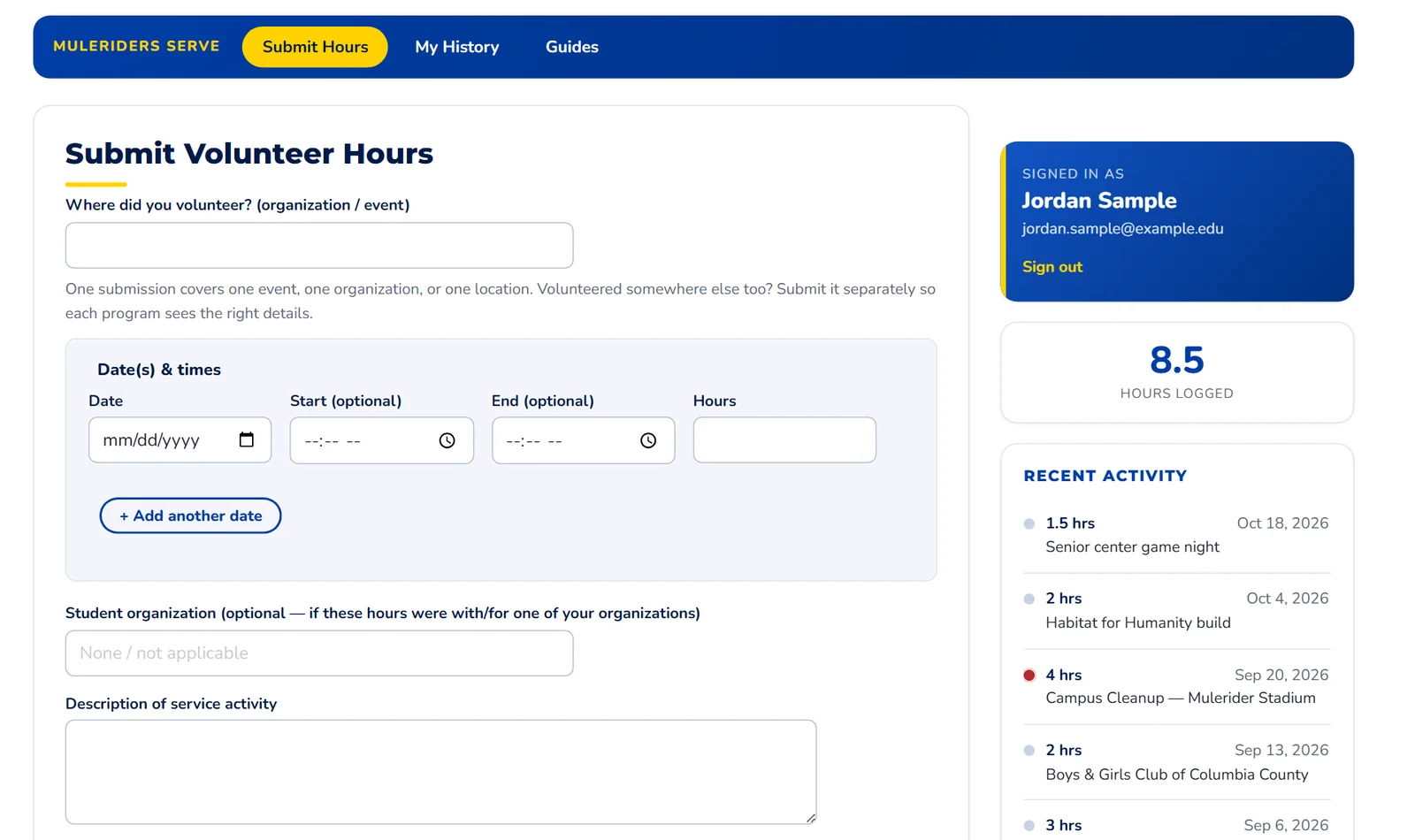 The top of the Submit Volunteer Hours form: where you volunteered, date and times, Add another date, student organization and description.