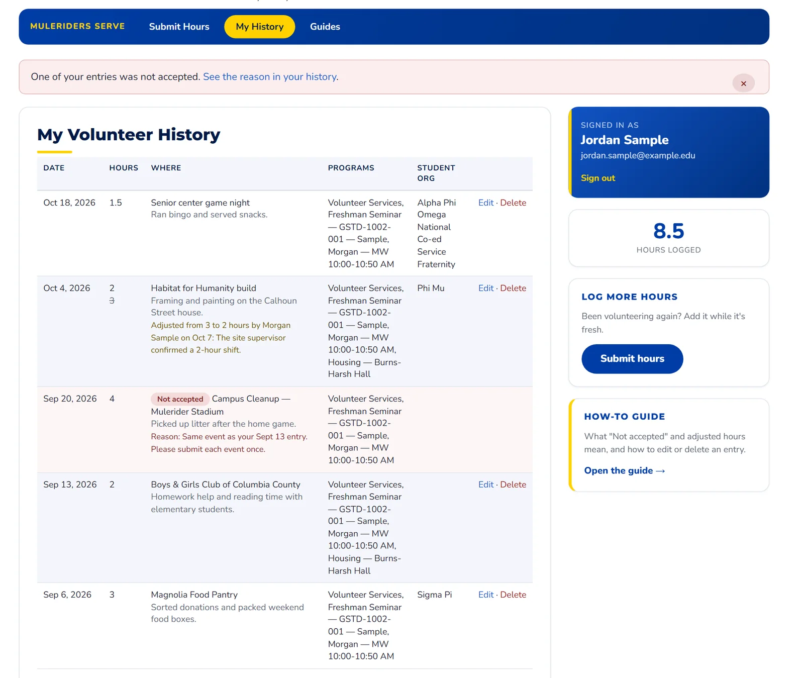 My Volunteer History: the not-accepted notice, a Not accepted entry with its reason, an entry whose hours were adjusted from 3 to 2 with the staff note, and Edit and Delete links.