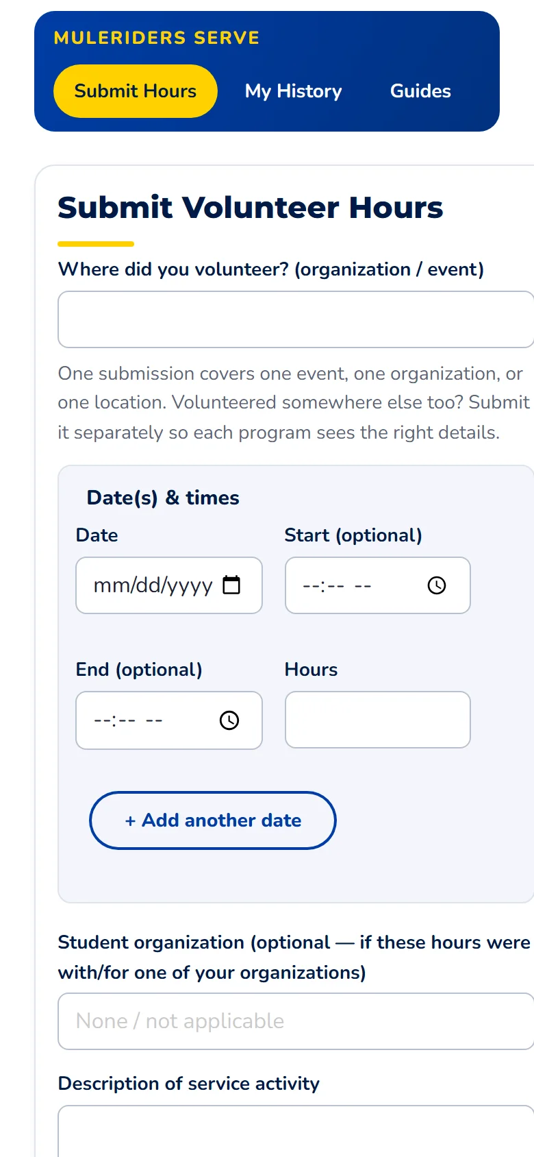 The Submit Hours page on a phone.