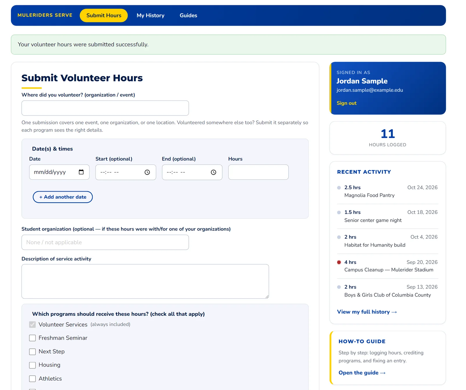 The green message Your volunteer hours were submitted successfully, the hours logged total, and the new entry at the top of Recent Activity.