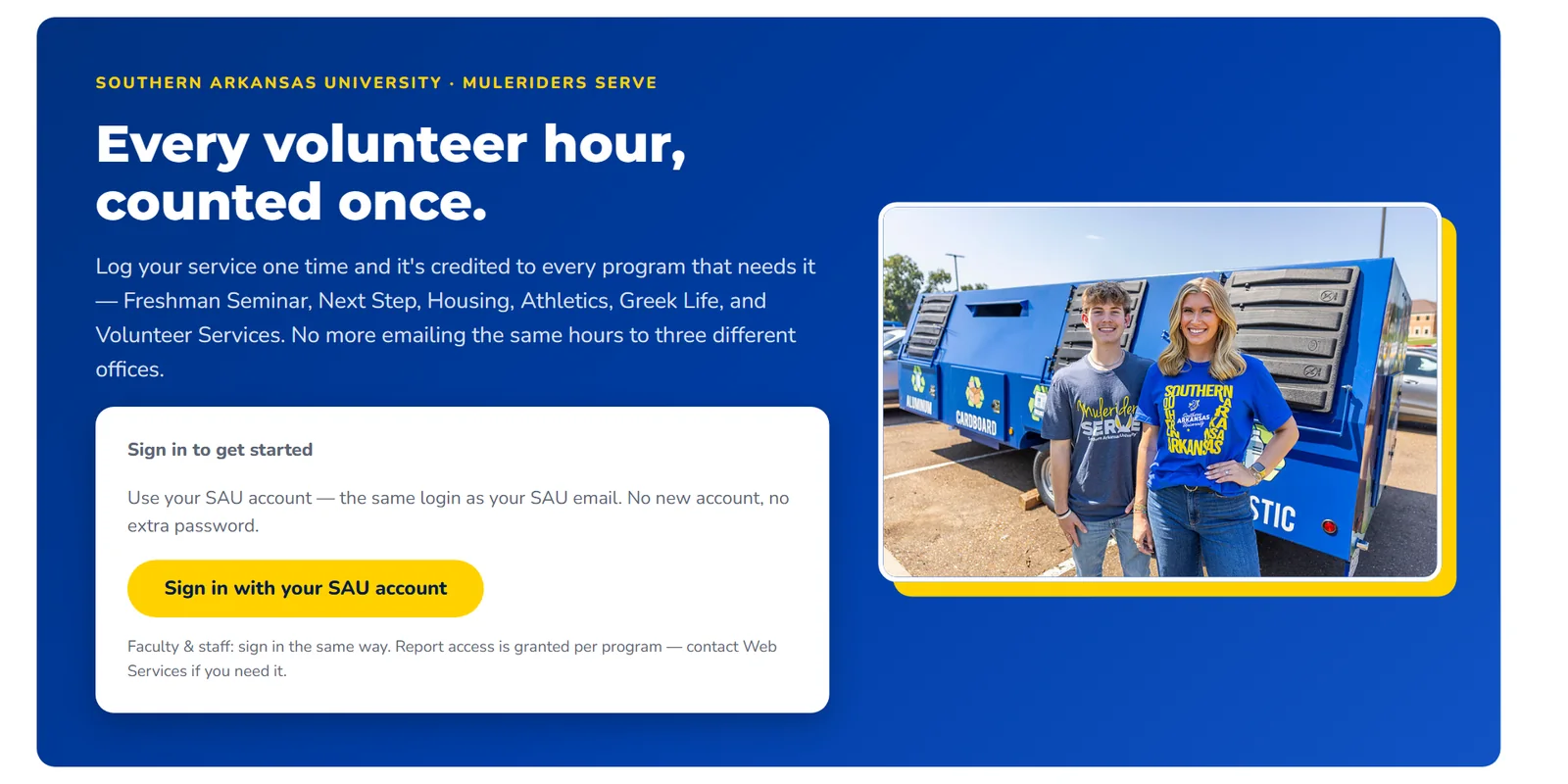 The Muleriders Serve page with the Sign in with your SAU account button.